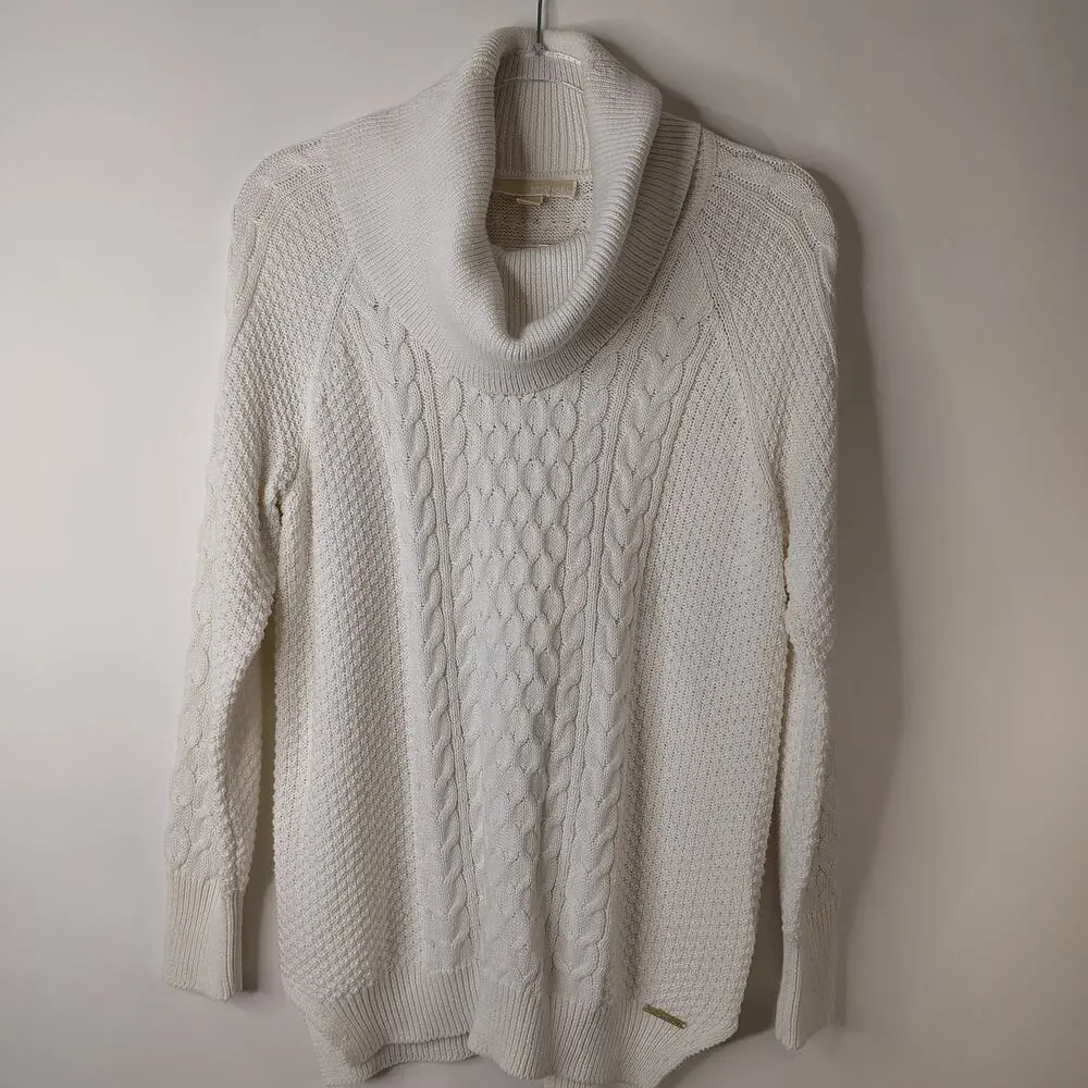 Michael Kors Heavy Cowl Neck‎ Sweater Womens Medium Cream Cable / Waffle Knit